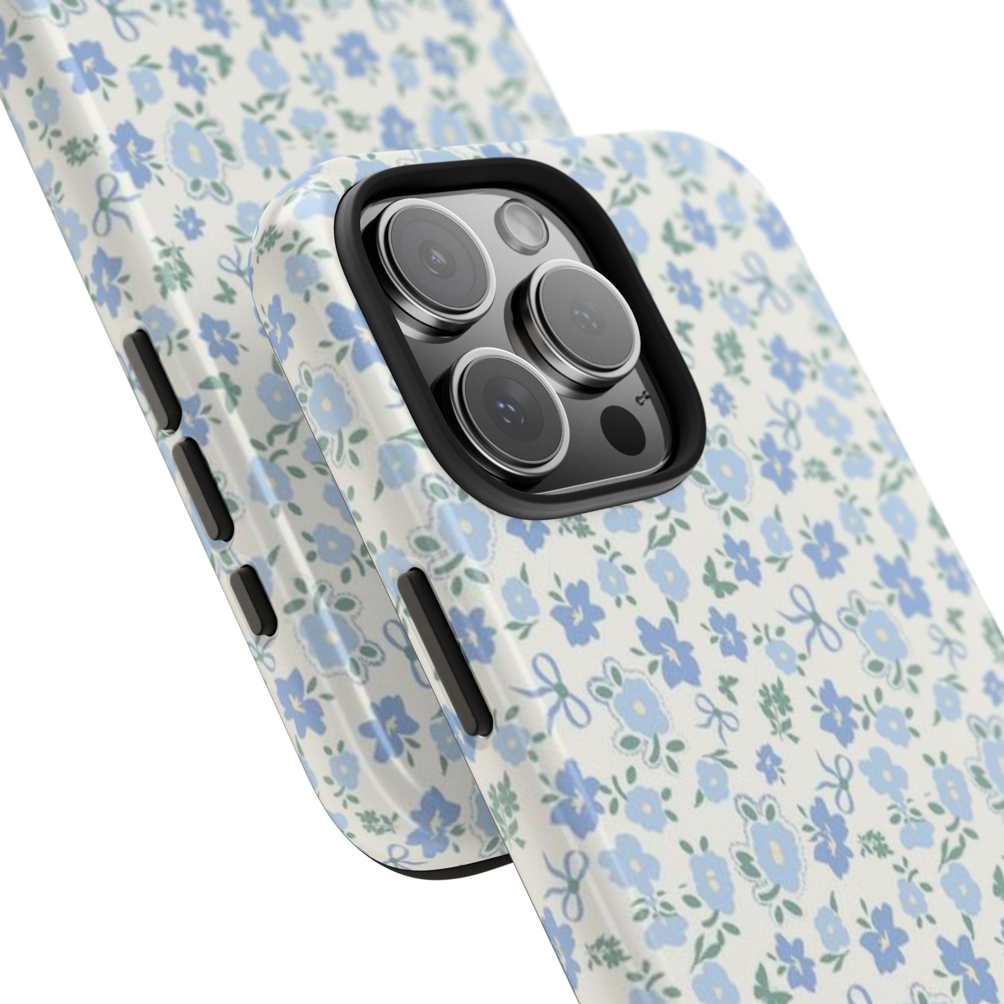 Blue floral phone case side view with slim profile and camera lens cover