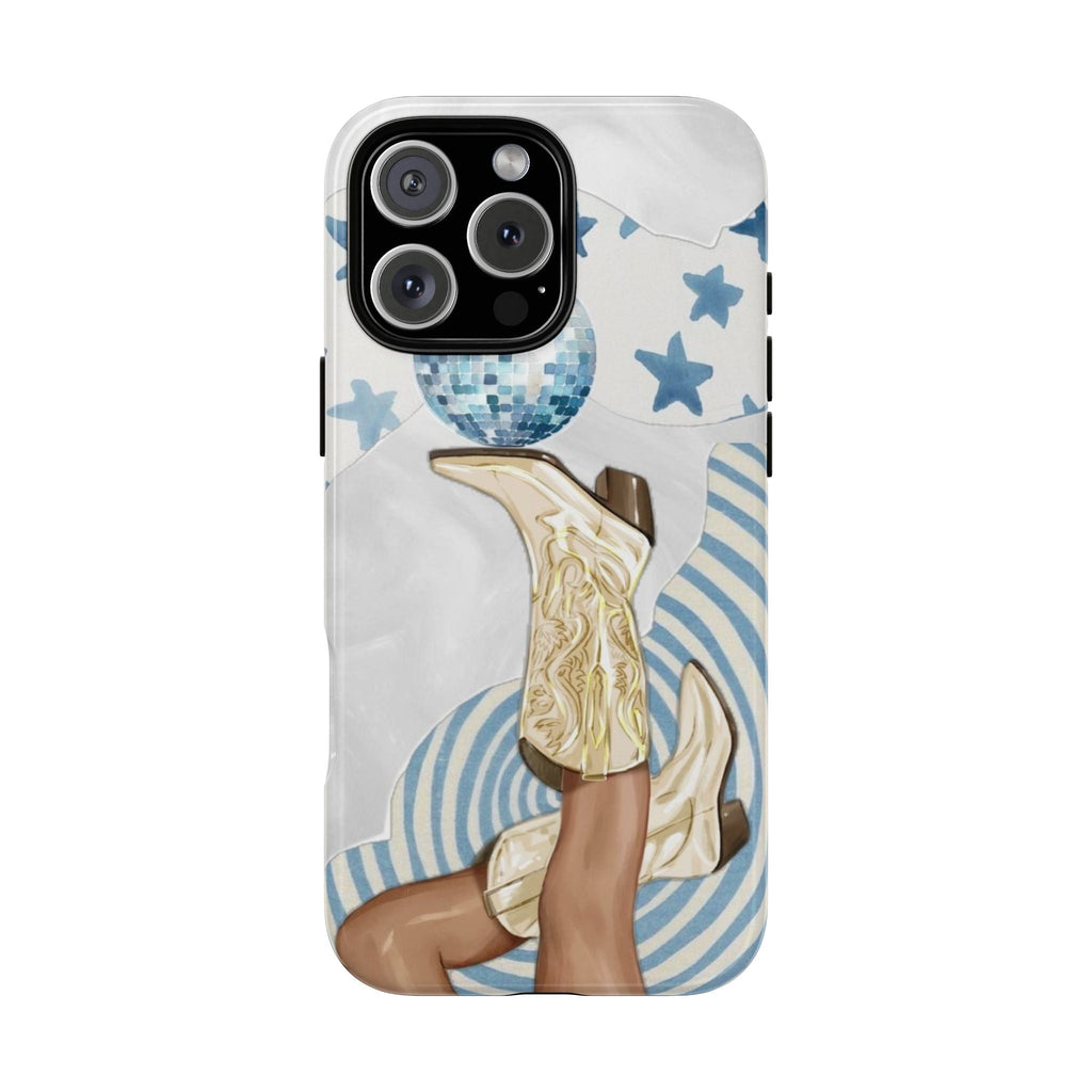 White phone case with blue stars, disco ball, and cowgirl illustration, glossy look