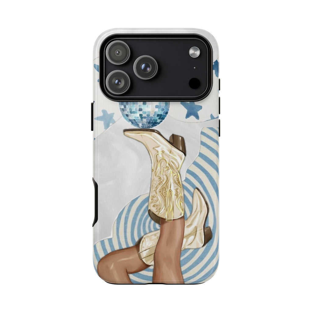 White phone case featuring blue star pattern, disco ball, and cowgirl artwork