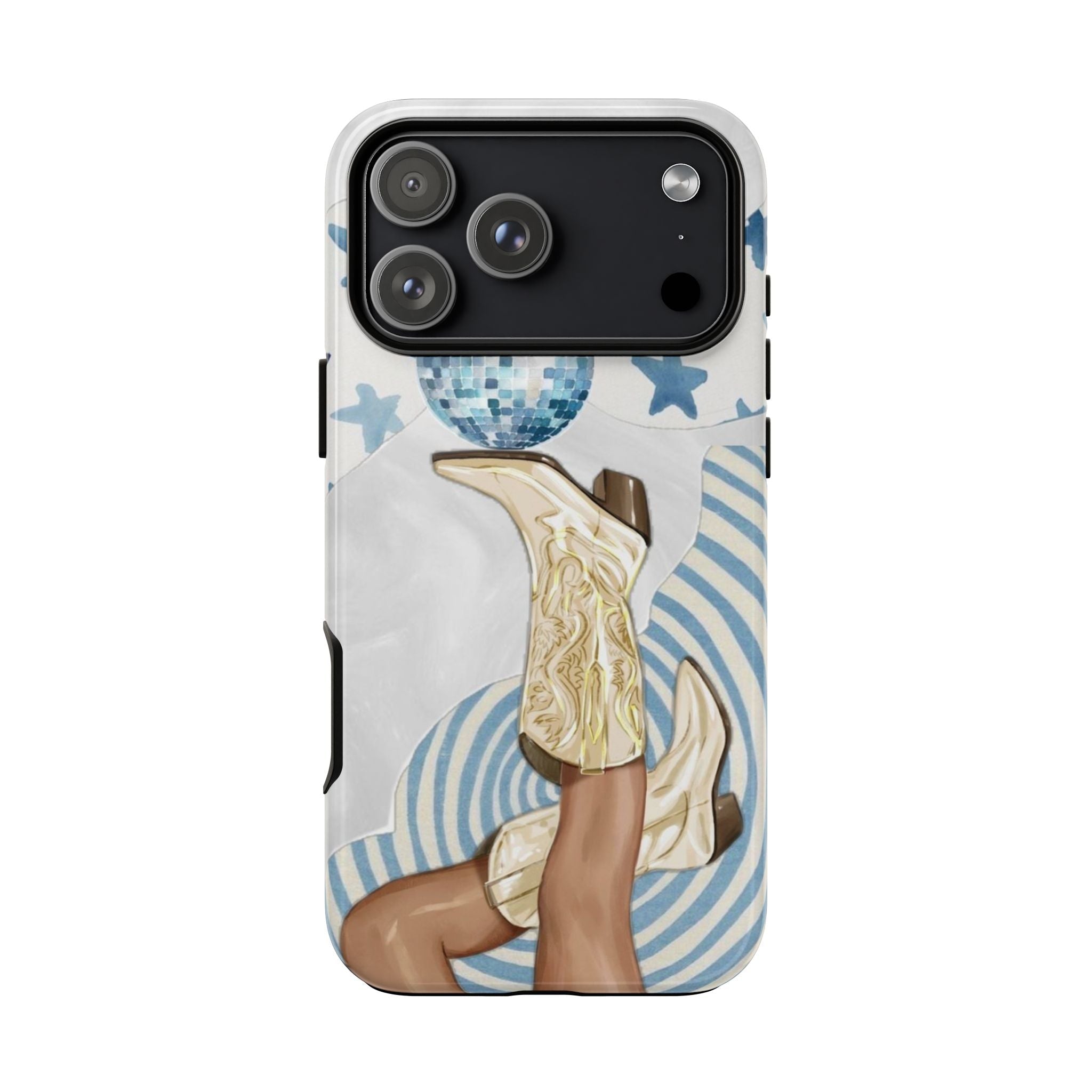 White phone case featuring blue star pattern, disco ball, and cowgirl artwork
