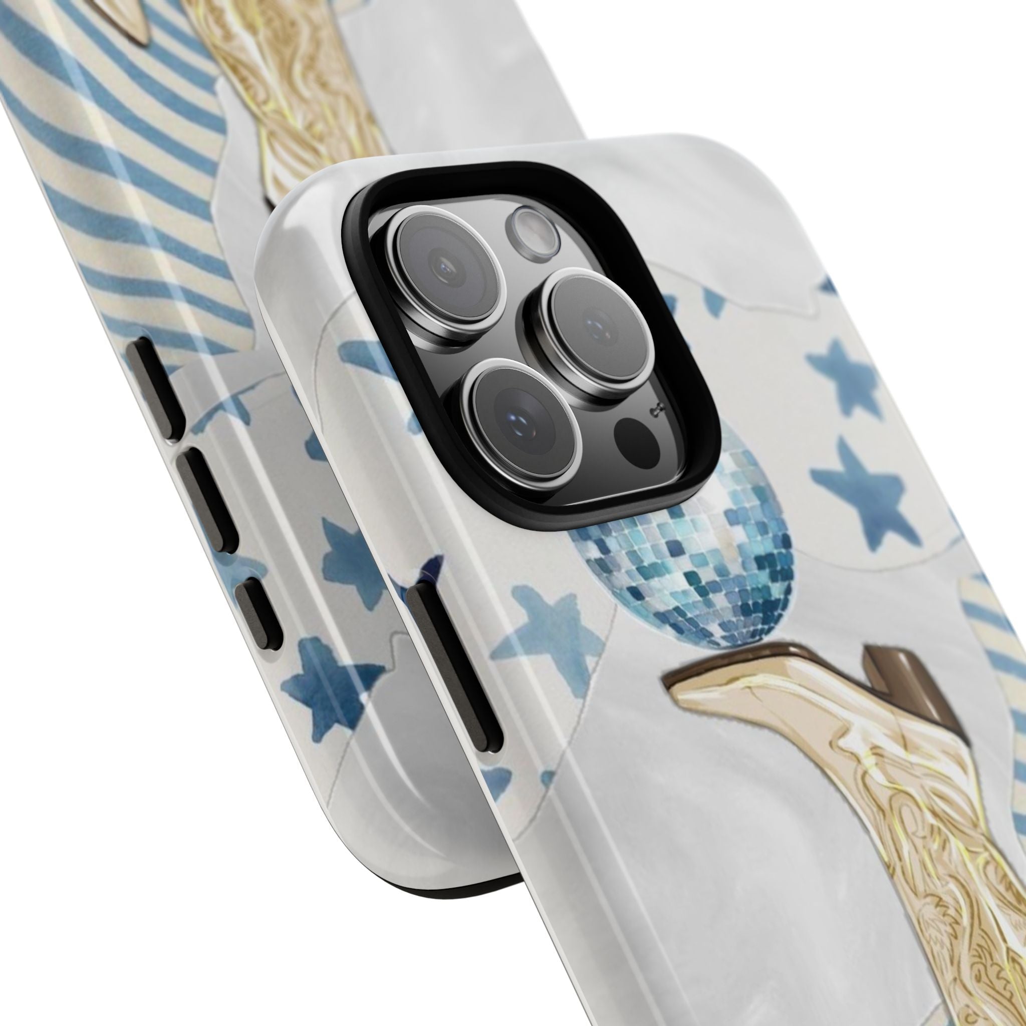 Cowgirl-themed white phone case with blue stars and disco ball, showing camera cutouts