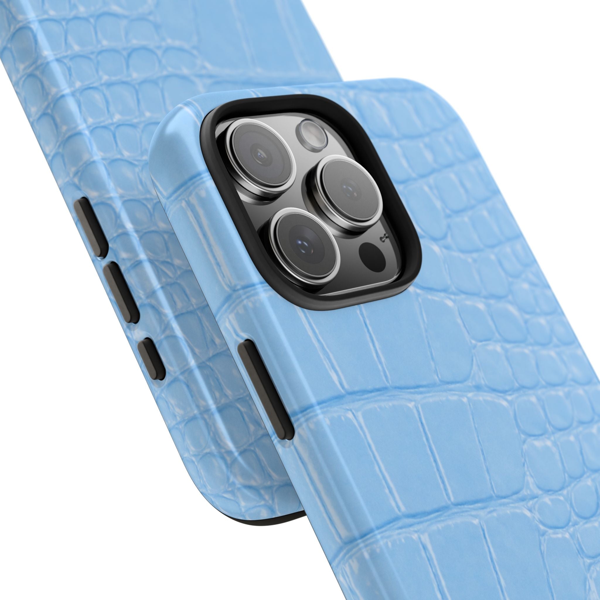 Blue croc-printed phone case, angled view showing camera bump cutout and side buttons