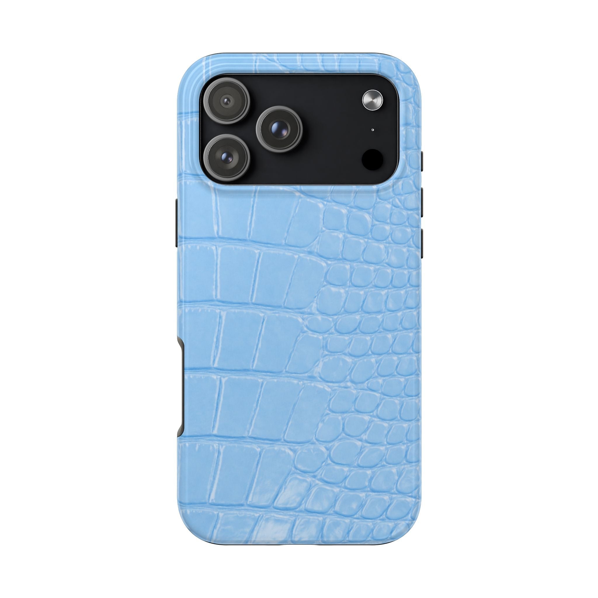 Blue croc-printed phone case with black camera cutout and raised edges