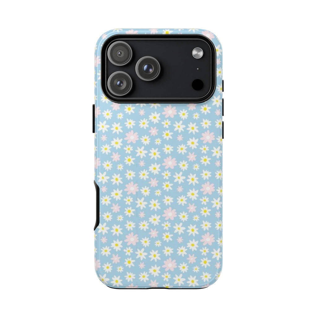 Blue daisy floral phone case, full back view with camera cutouts