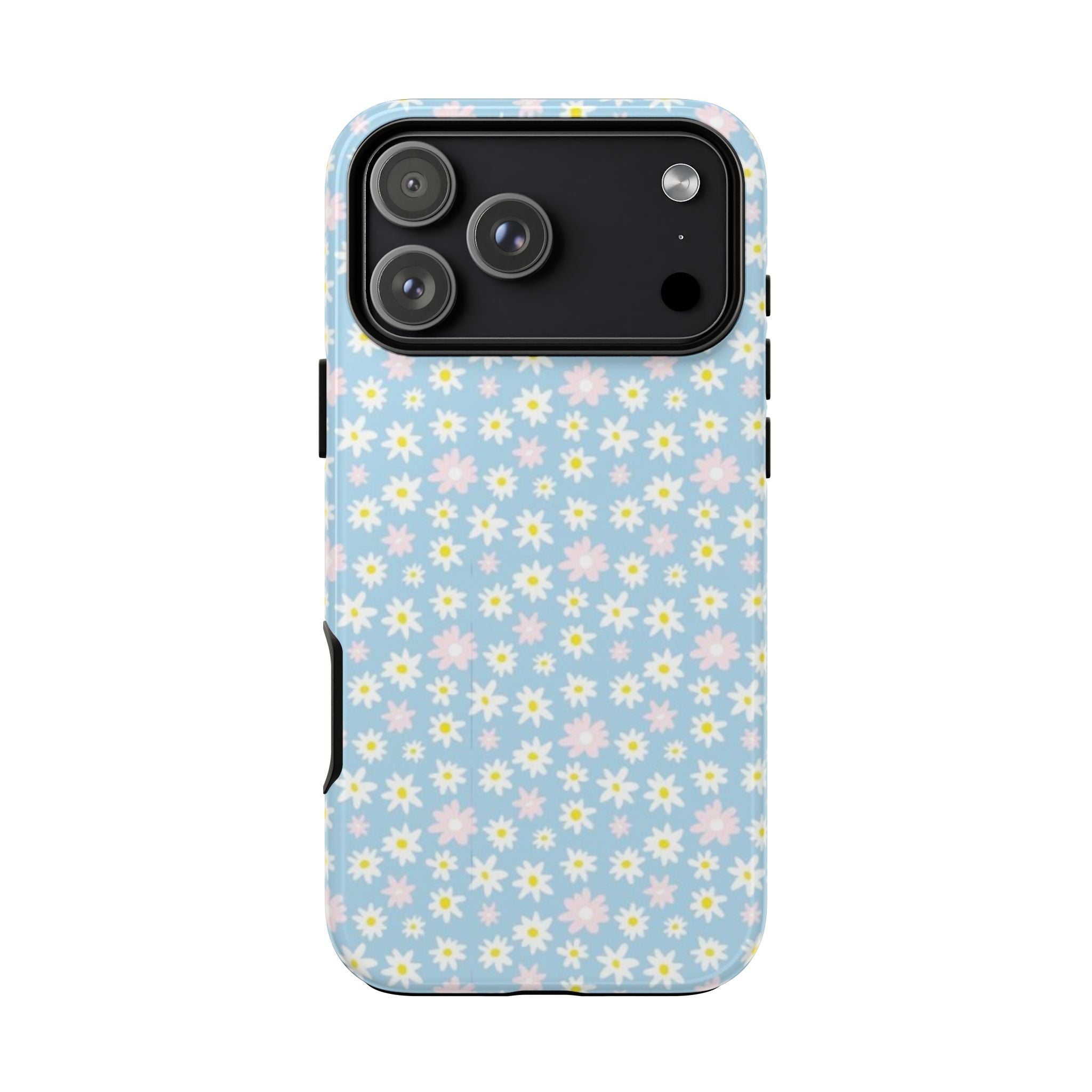 Blue daisy floral phone case, full back view with camera cutouts