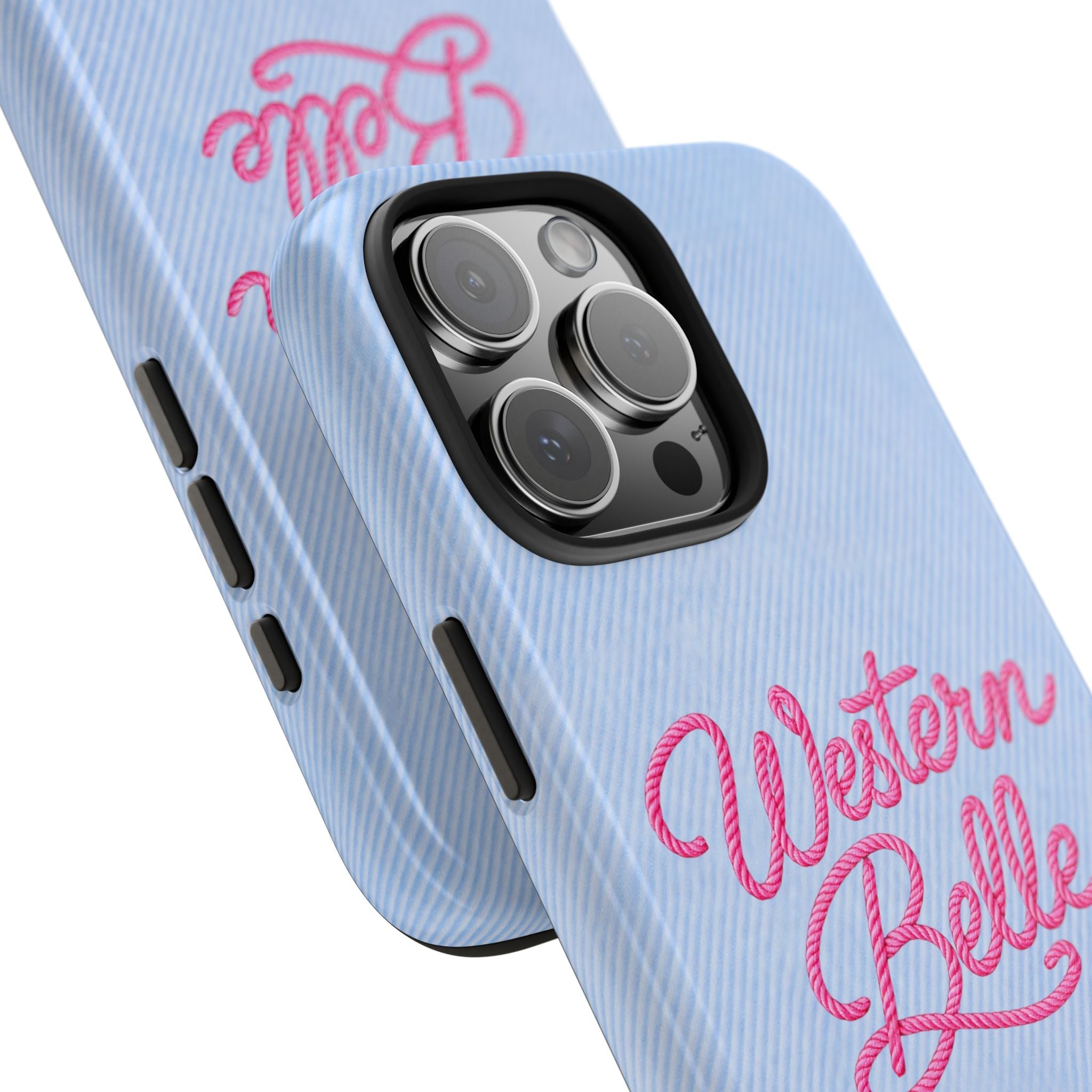 Blue denim phone case side view with pink “Western Belle” script and camera lenses