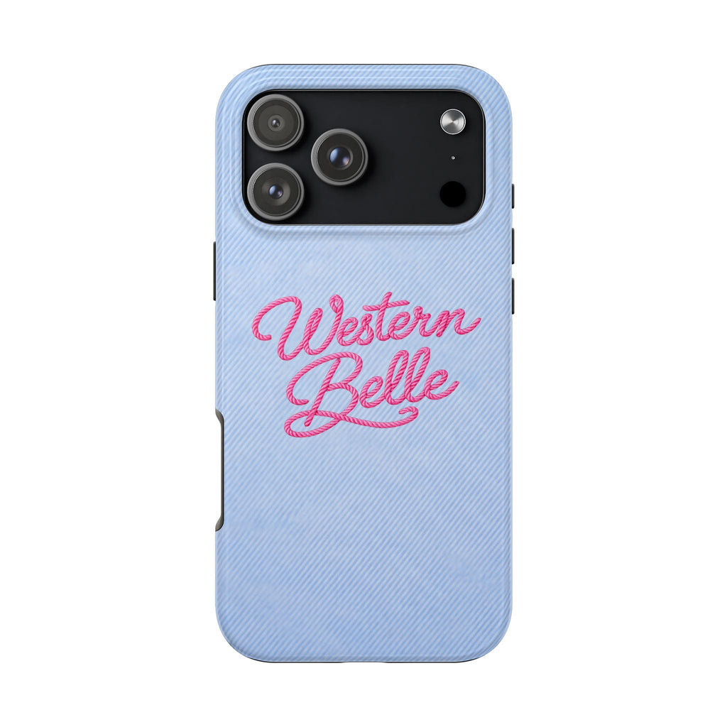 Blue denim western phone case with pink “Western Belle” text and camera cutouts