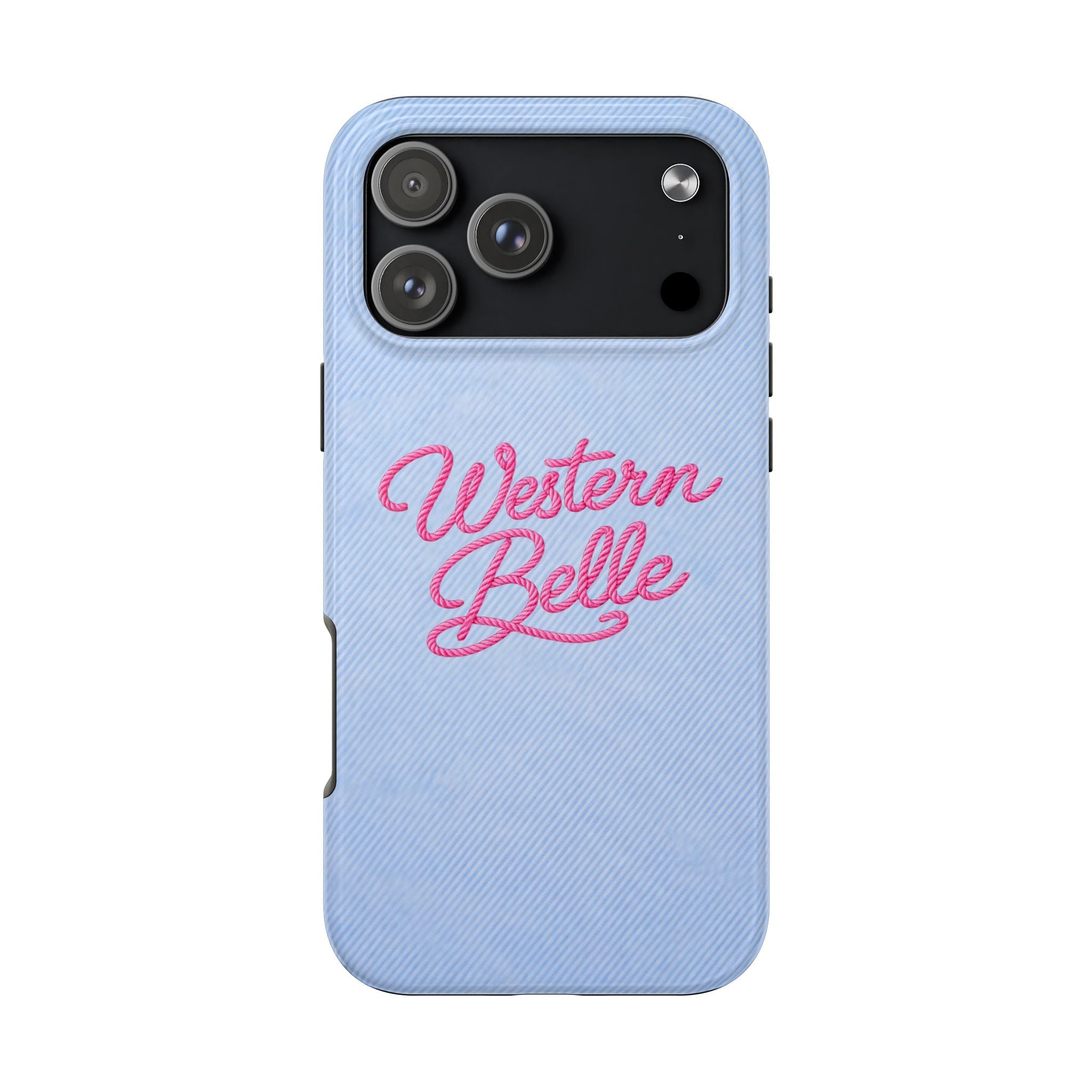Blue denim western phone case with pink “Western Belle” text and camera cutouts