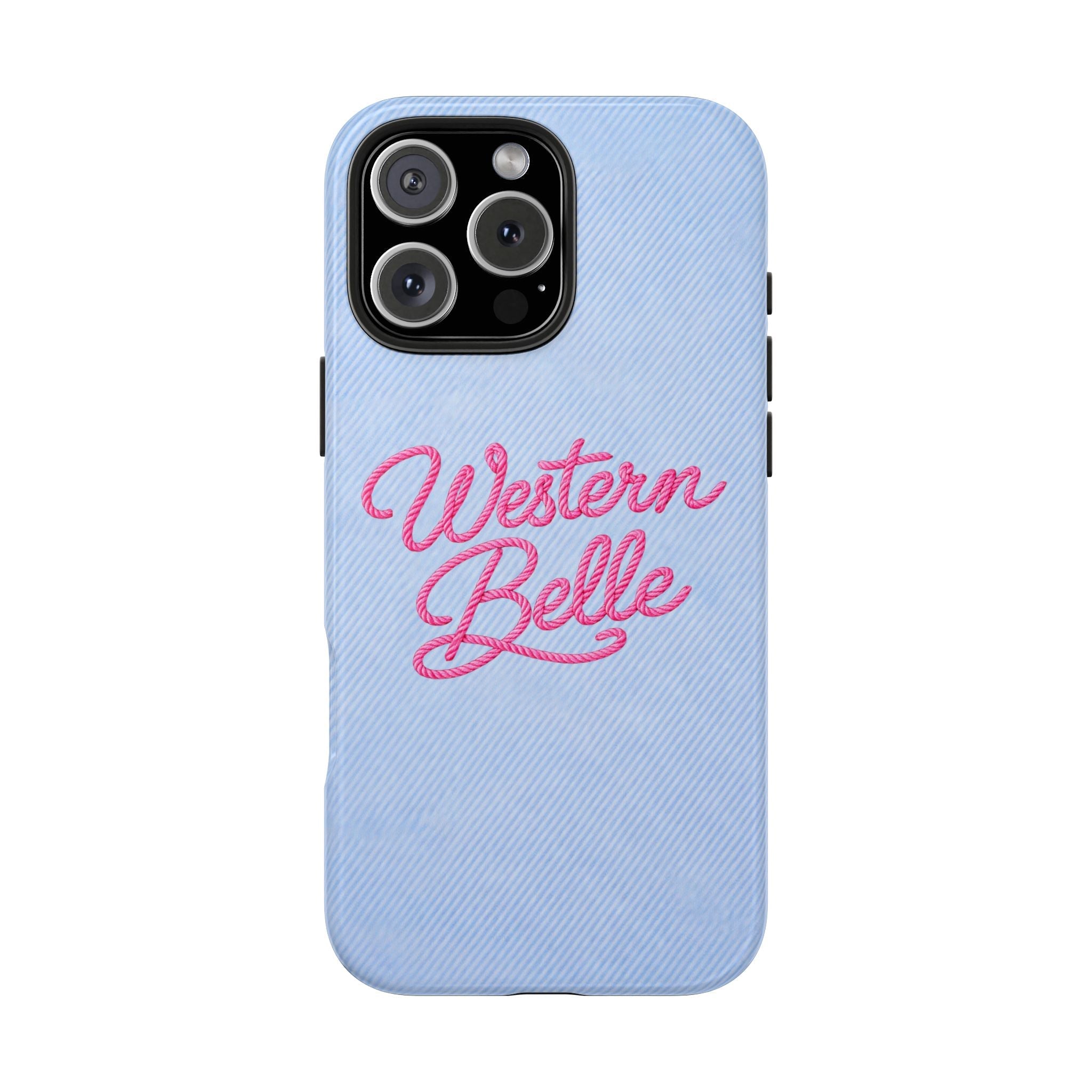 Light blue phone case with pink “Western Belle” script and raised camera bump