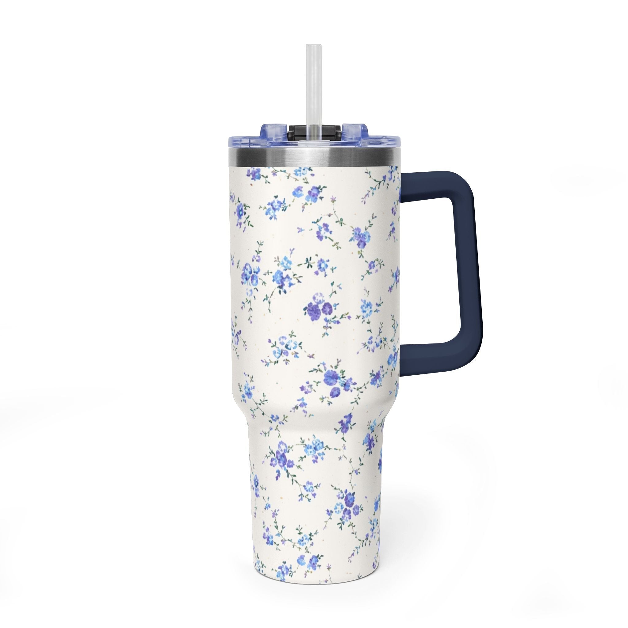 40oz stainless tumbler with blue ditsy floral print, clear lid, navy handle