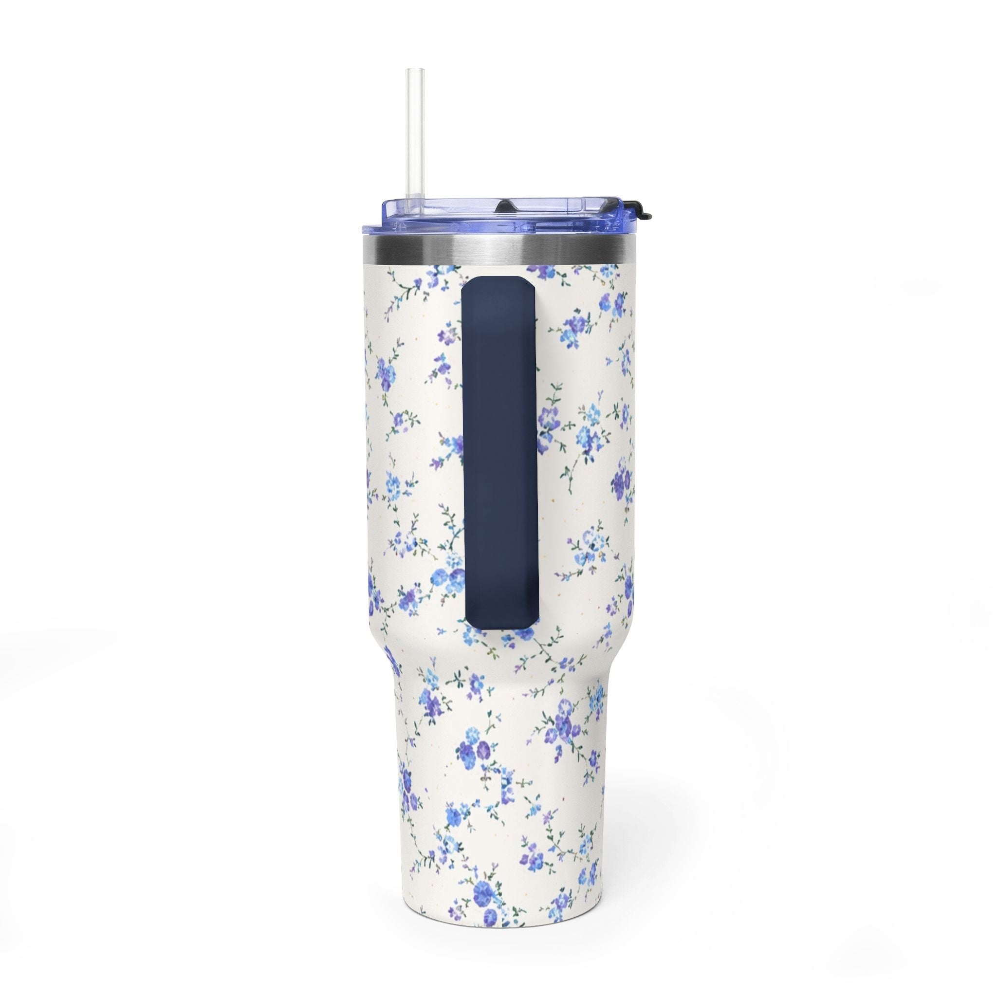 40oz floral stainless tumbler with clear lid, straw, and tall navy flip spout