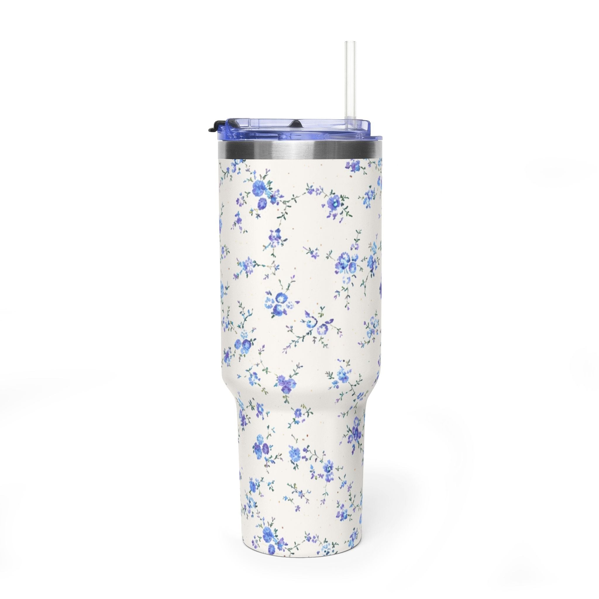 Blue ditsy floral 40oz stainless tumbler with clear straw lid and purple blossoms