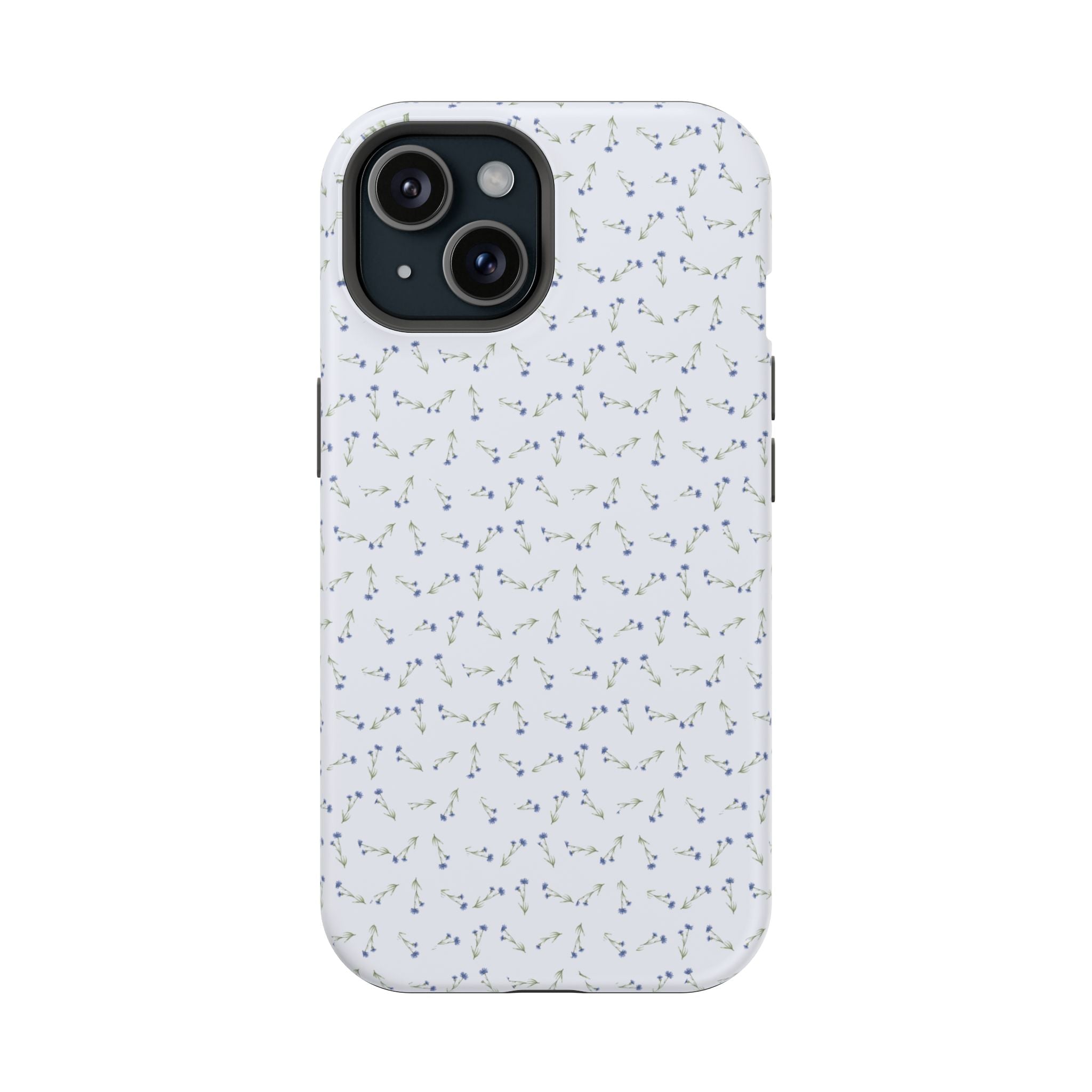 Blue ditsy floral phone case, white background with blue mini flowers; camera cutouts.