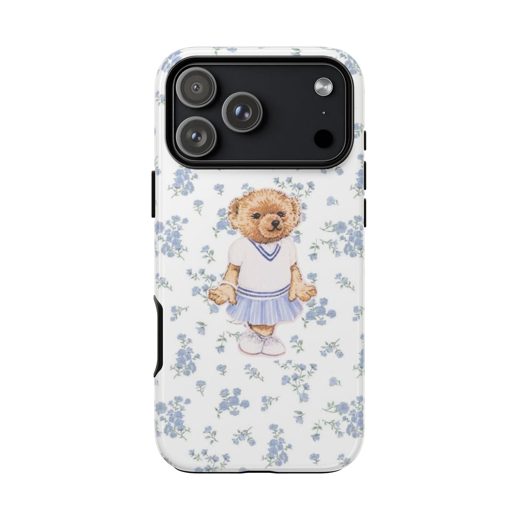 Blue ditsy floral phone case featuring teddy bear girl graphic on white background