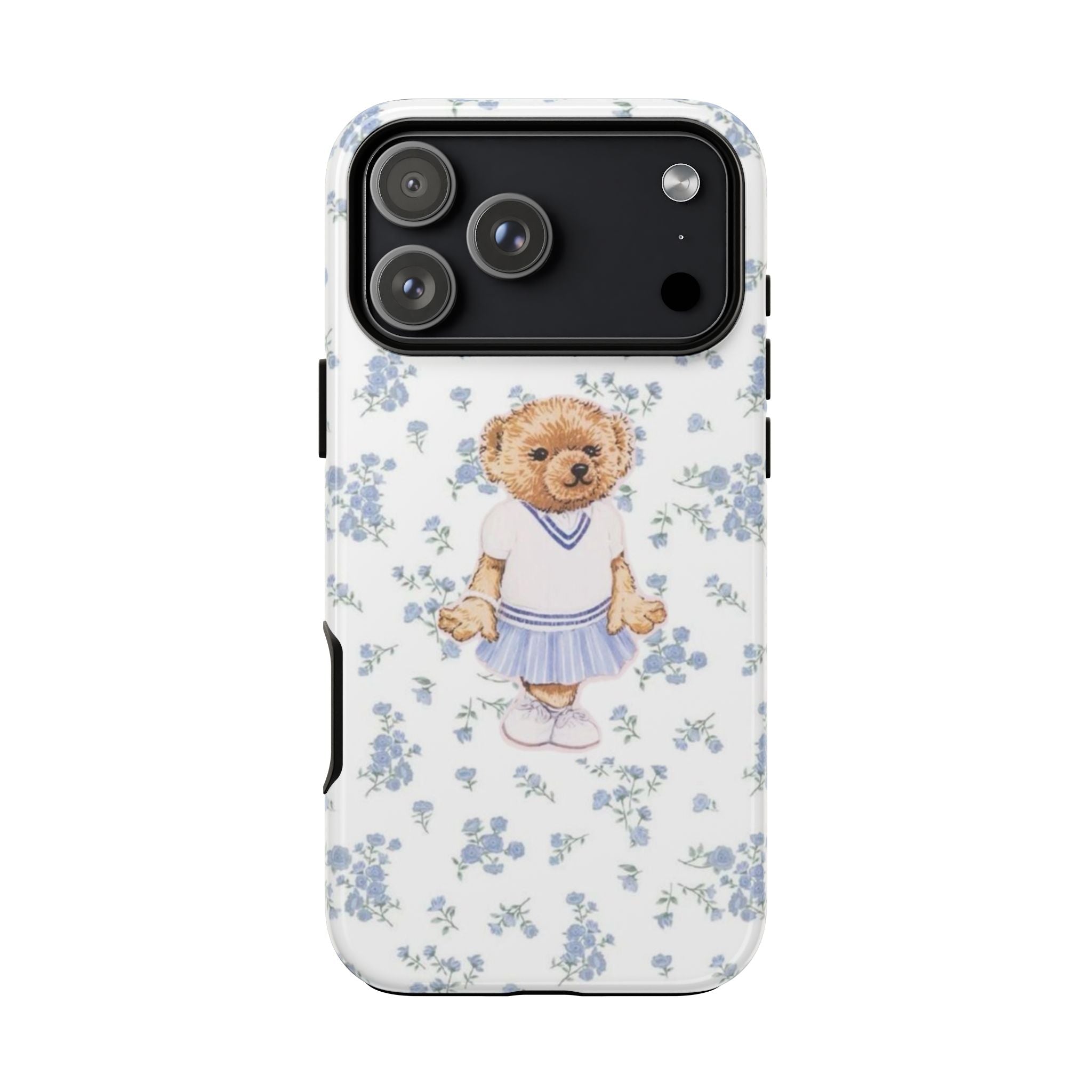 Blue ditsy floral phone case featuring teddy bear girl graphic on white background