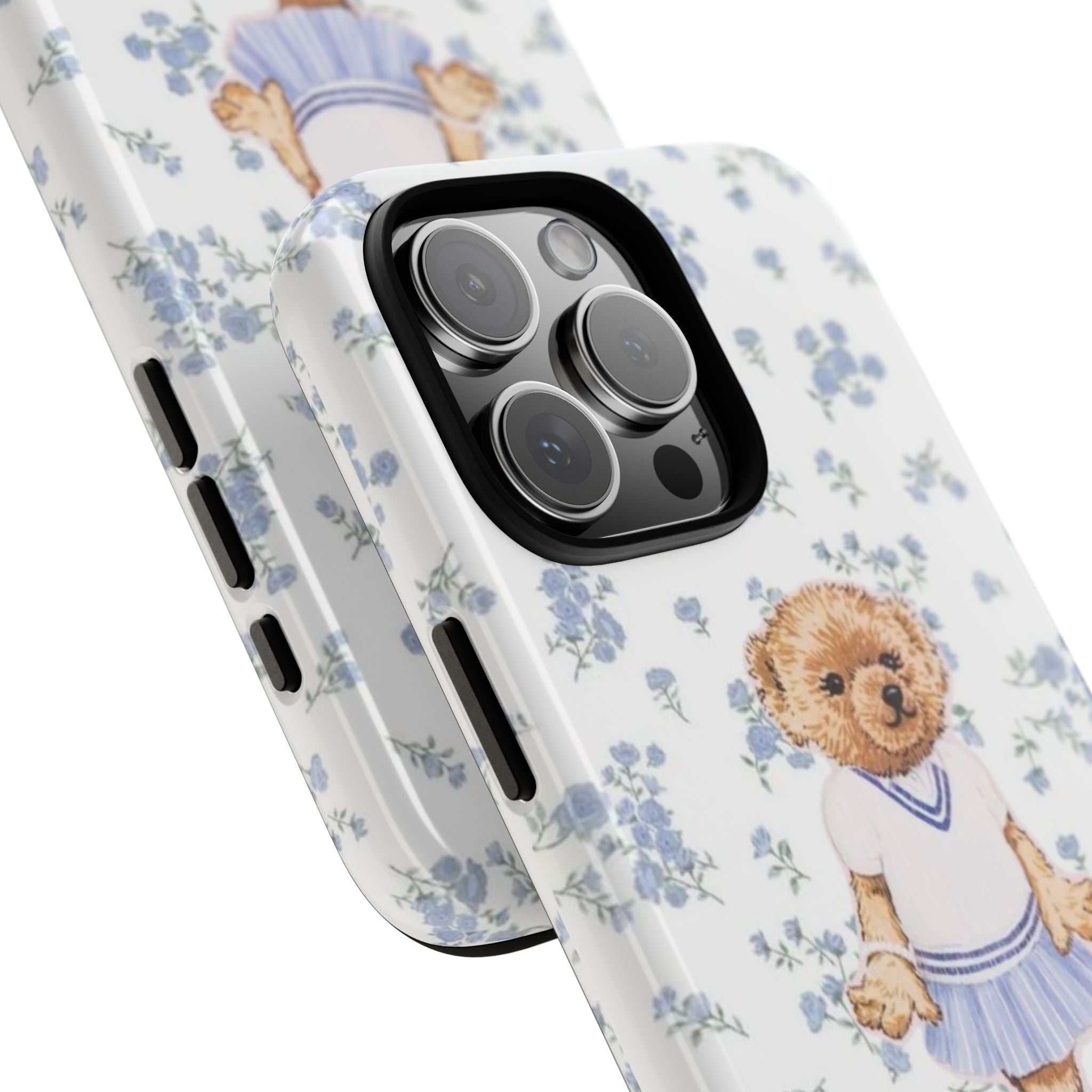 Blue floral phone case close-up with teddy bear girl and side buttons cutouts