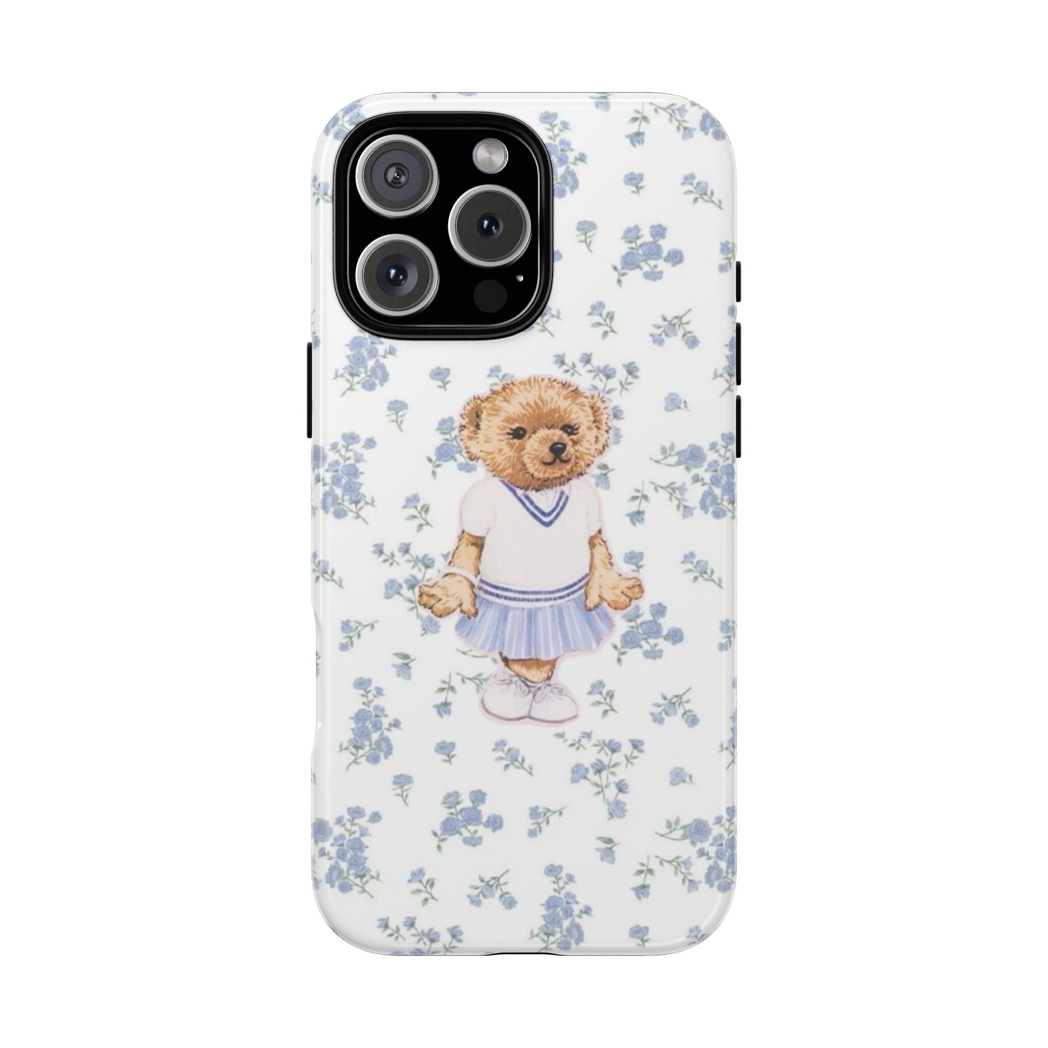 Blue floral phone case with teddy bear girl illustration, clear edge around camera cutout