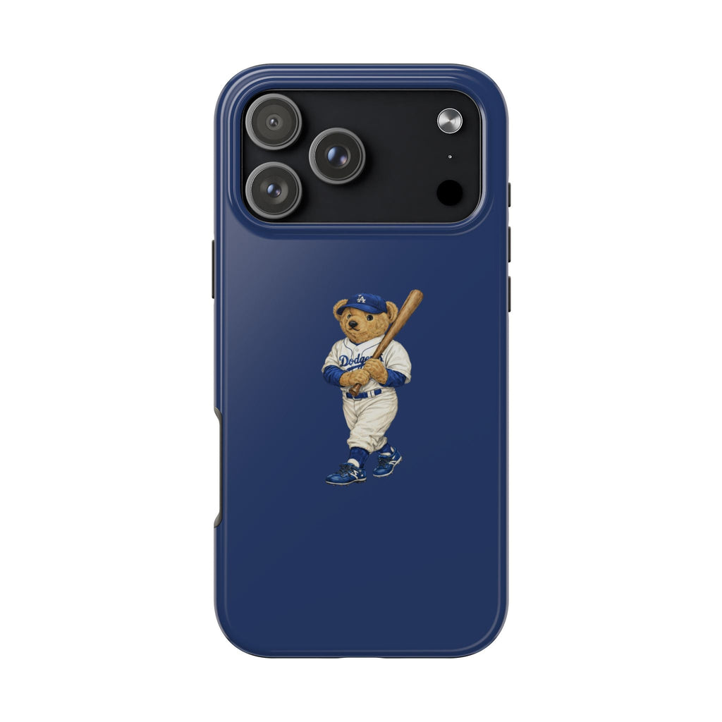 Blue baseball phone case with cute teddy bear in uniform holding a bat