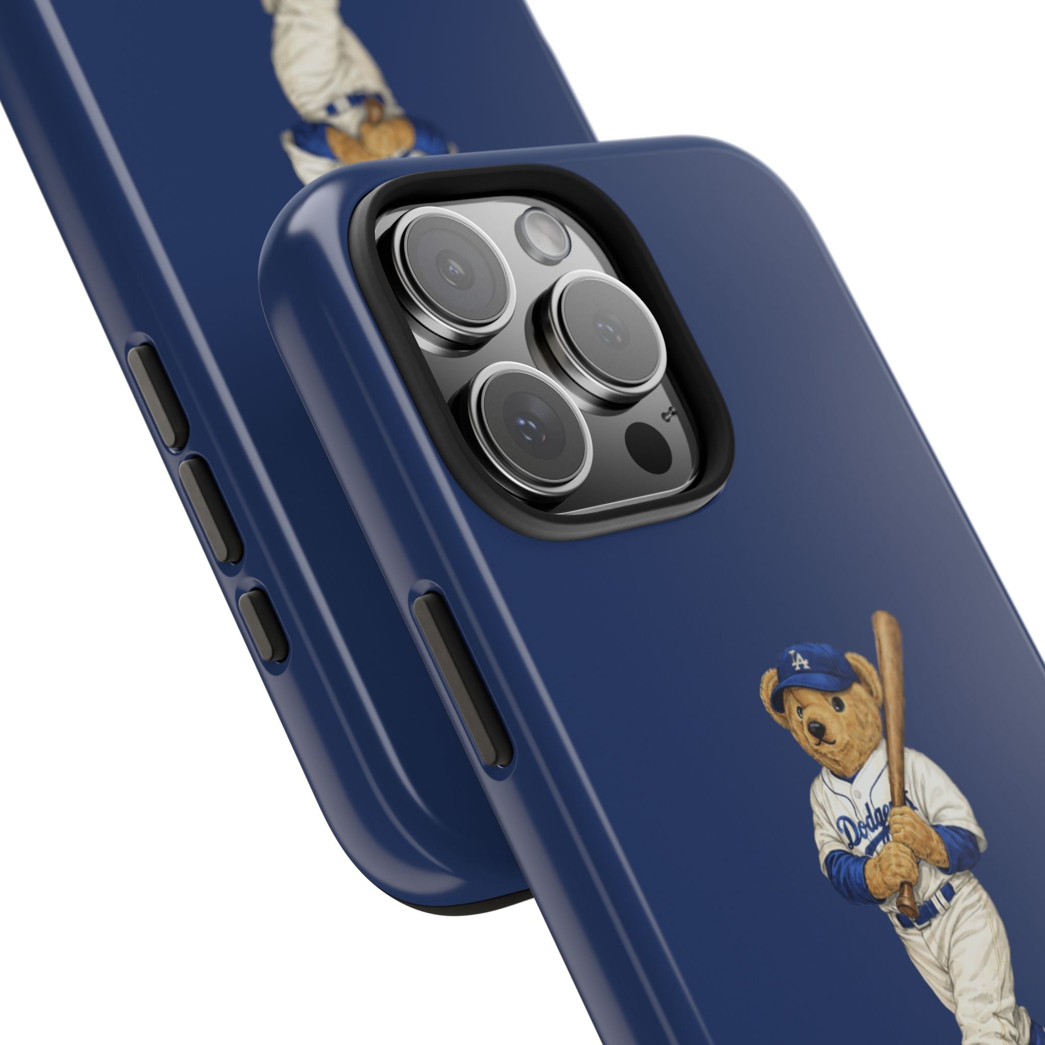 Blue phone case angled view with teddy bear bat design and raised camera lens rings