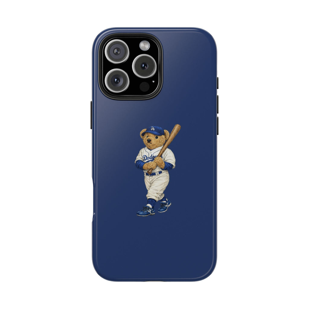 Blue phone case back with teddy bear baseball player graphic and camera cutouts