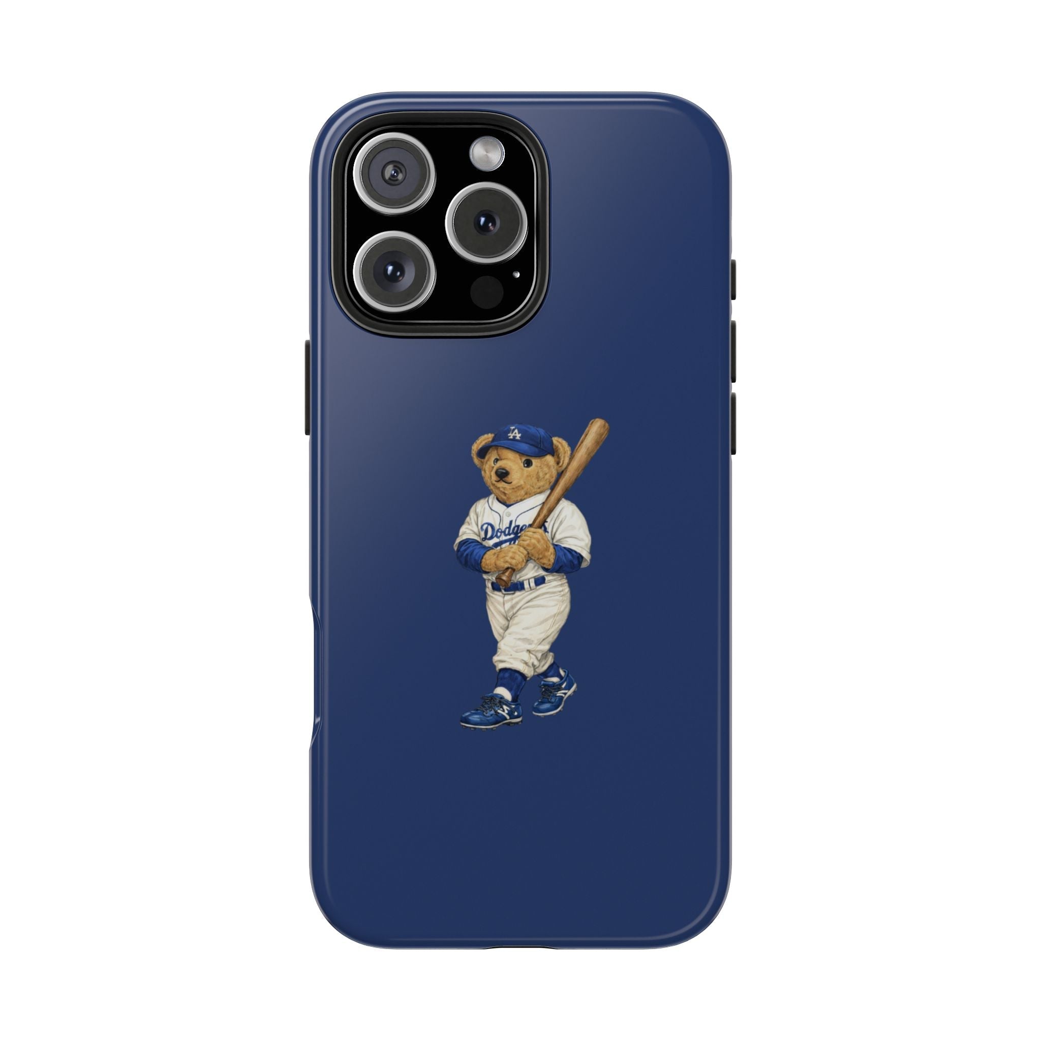 Blue phone case back with teddy bear baseball player graphic and camera cutouts