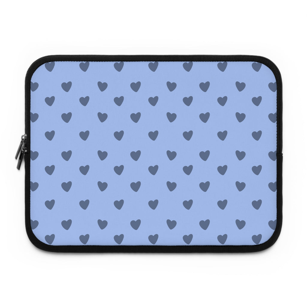 Light blue neoprene sleeve with repeating dark heart polka dots, black zipper border