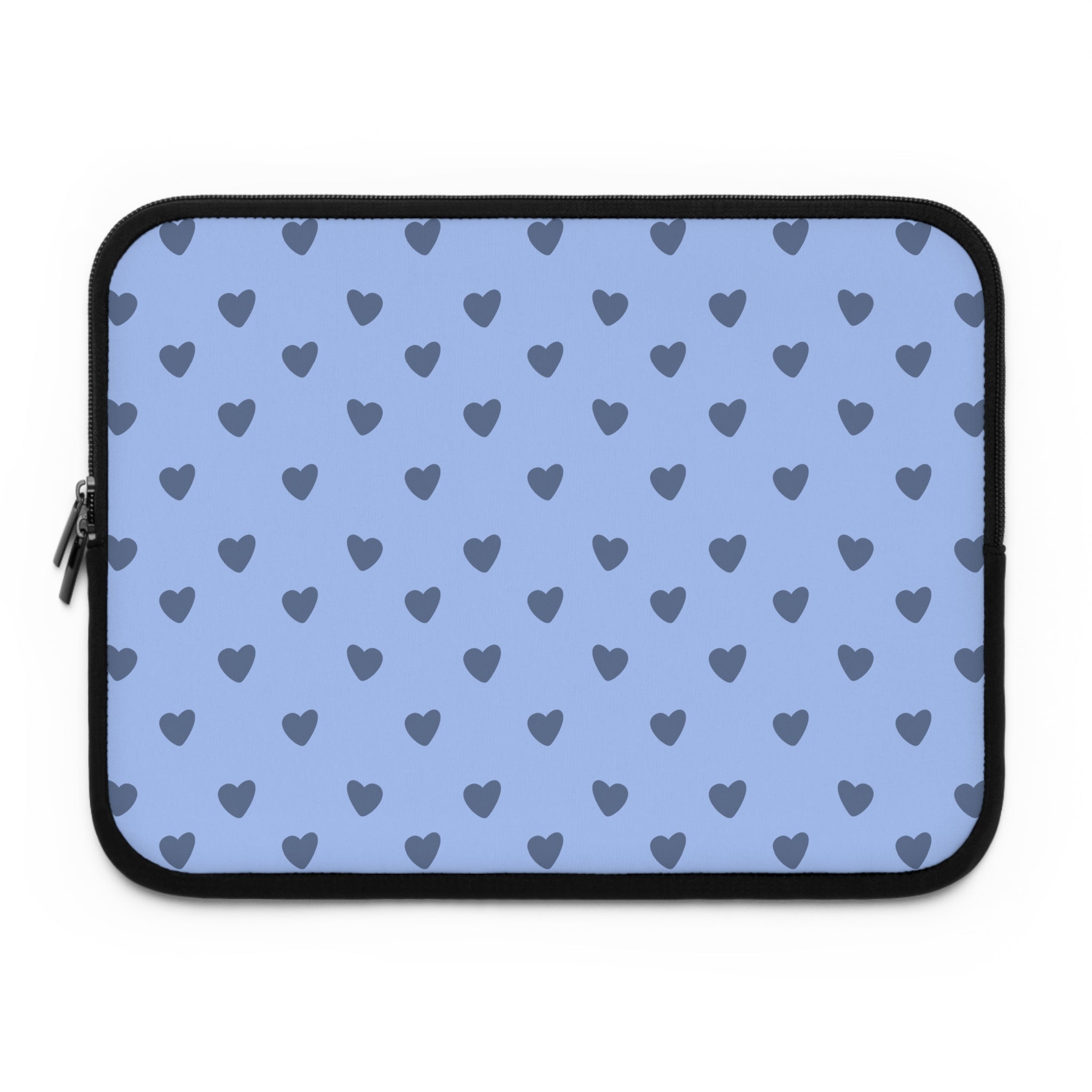 Light blue neoprene sleeve with repeating dark heart polka dots, black zipper border