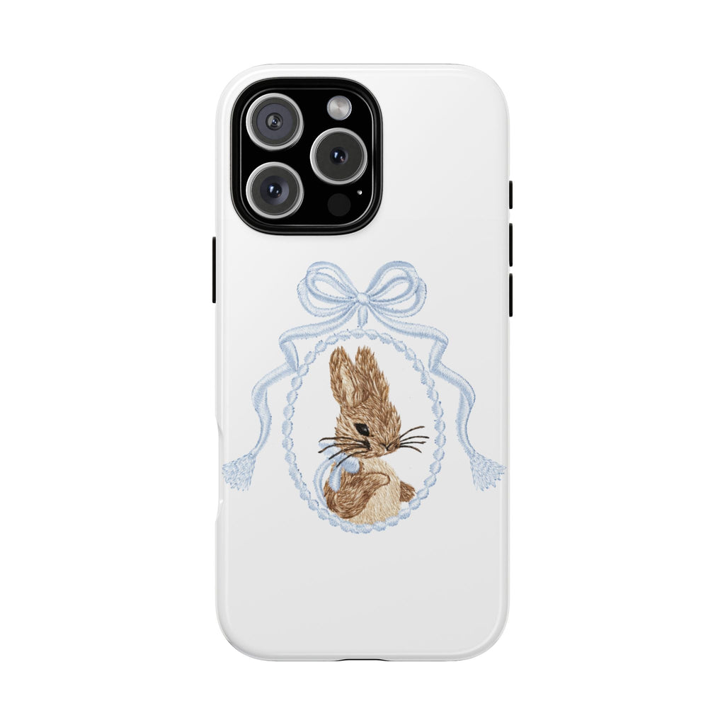 White phone case with blue Easter bunny in bow wreath design, cute bunny illustration