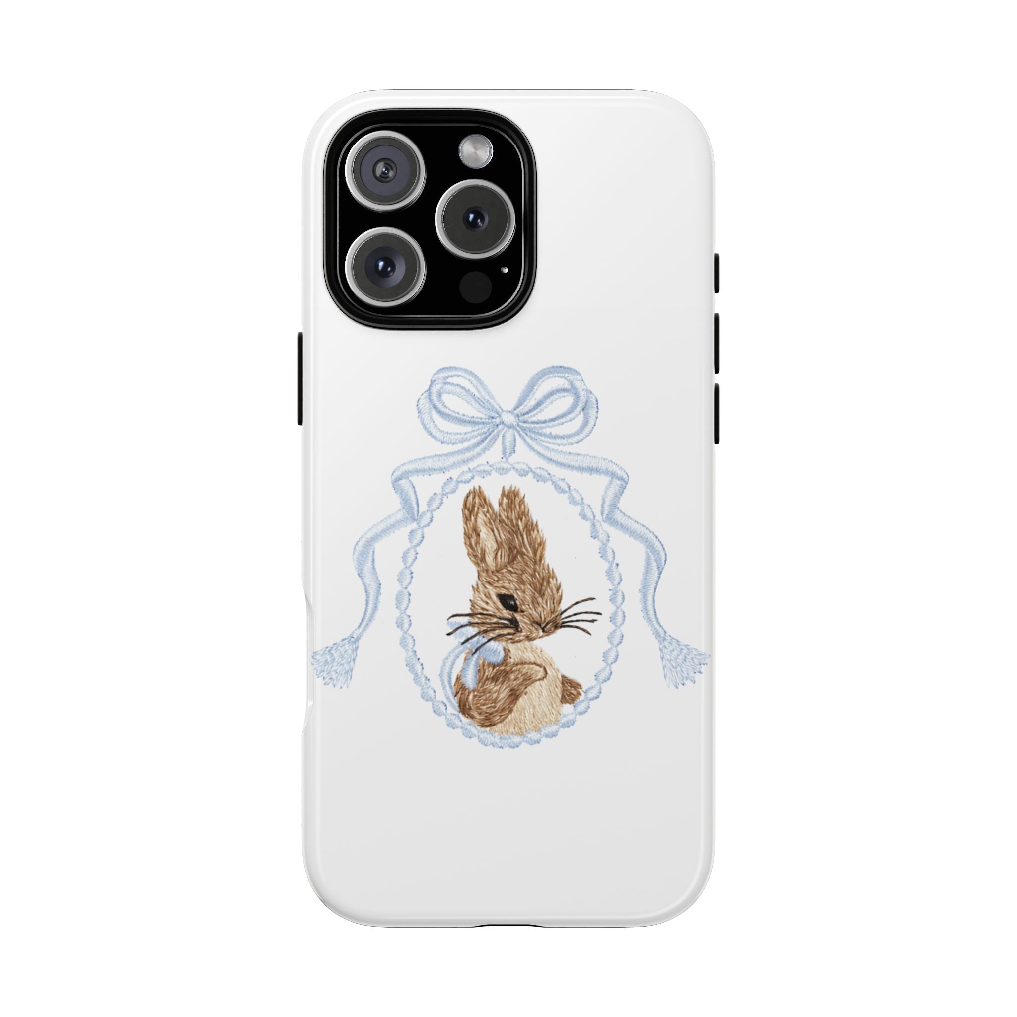 White phone case with blue Easter bunny in bow wreath design, cute bunny illustration