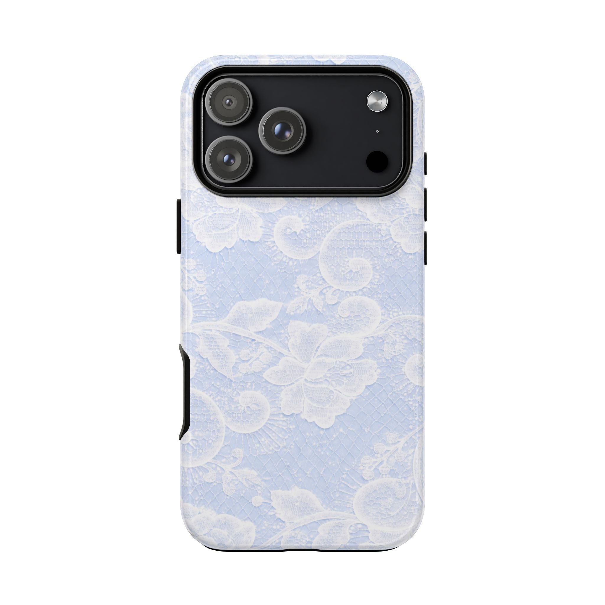 Blue floral lace phone case with camera module detail on the back