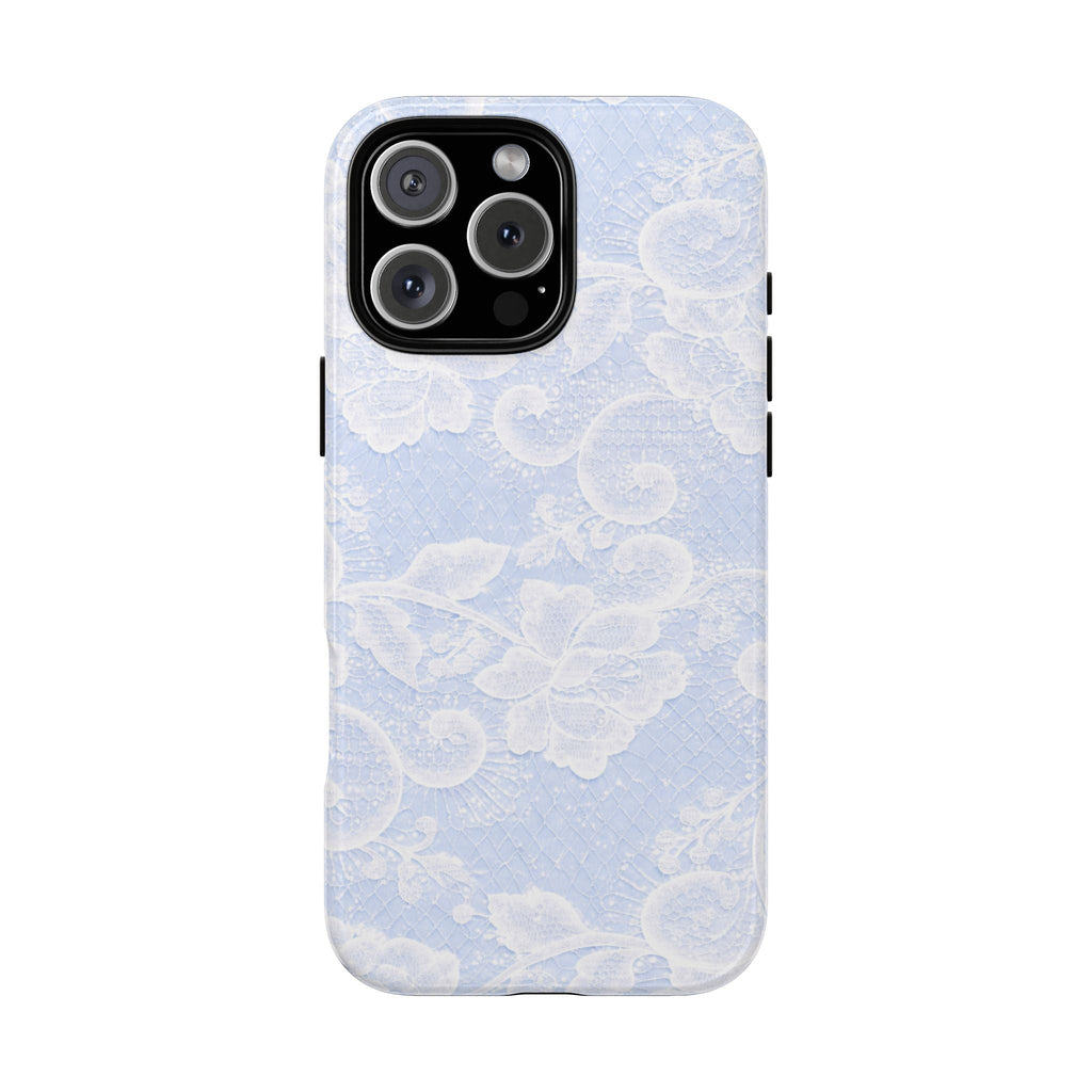 Blue floral lace phone case, full back view with camera cutout