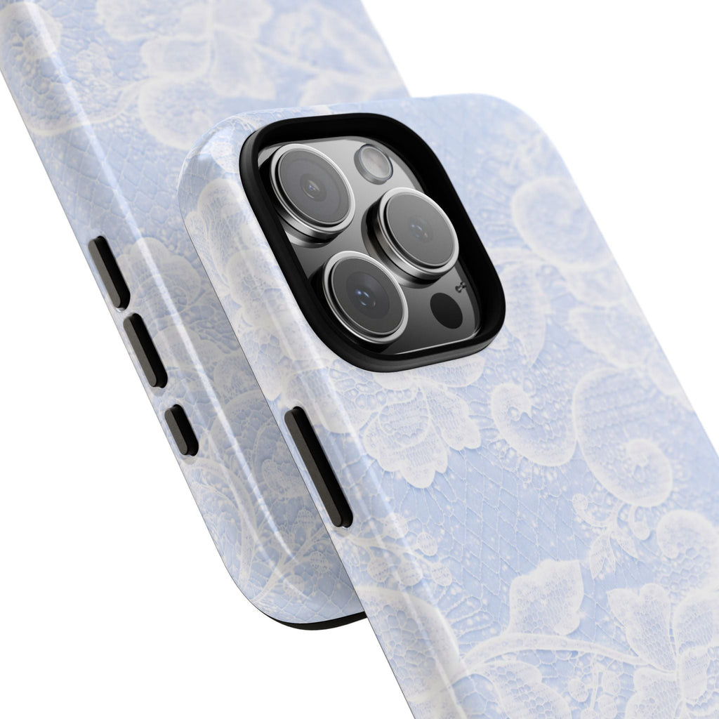 Blue floral lace phone case showing side cutouts and camera lens area