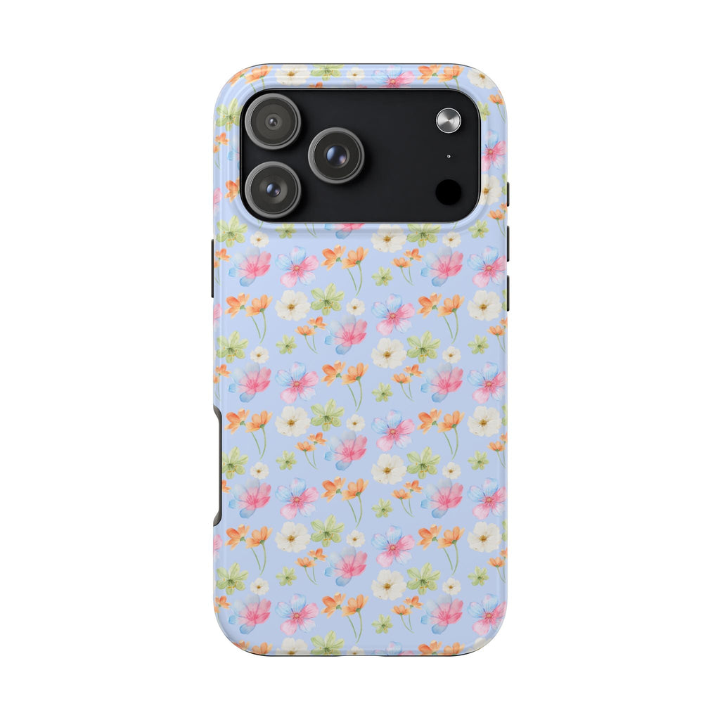 Blue phone case with multicolor floral pattern, raised camera cutouts and side buttons