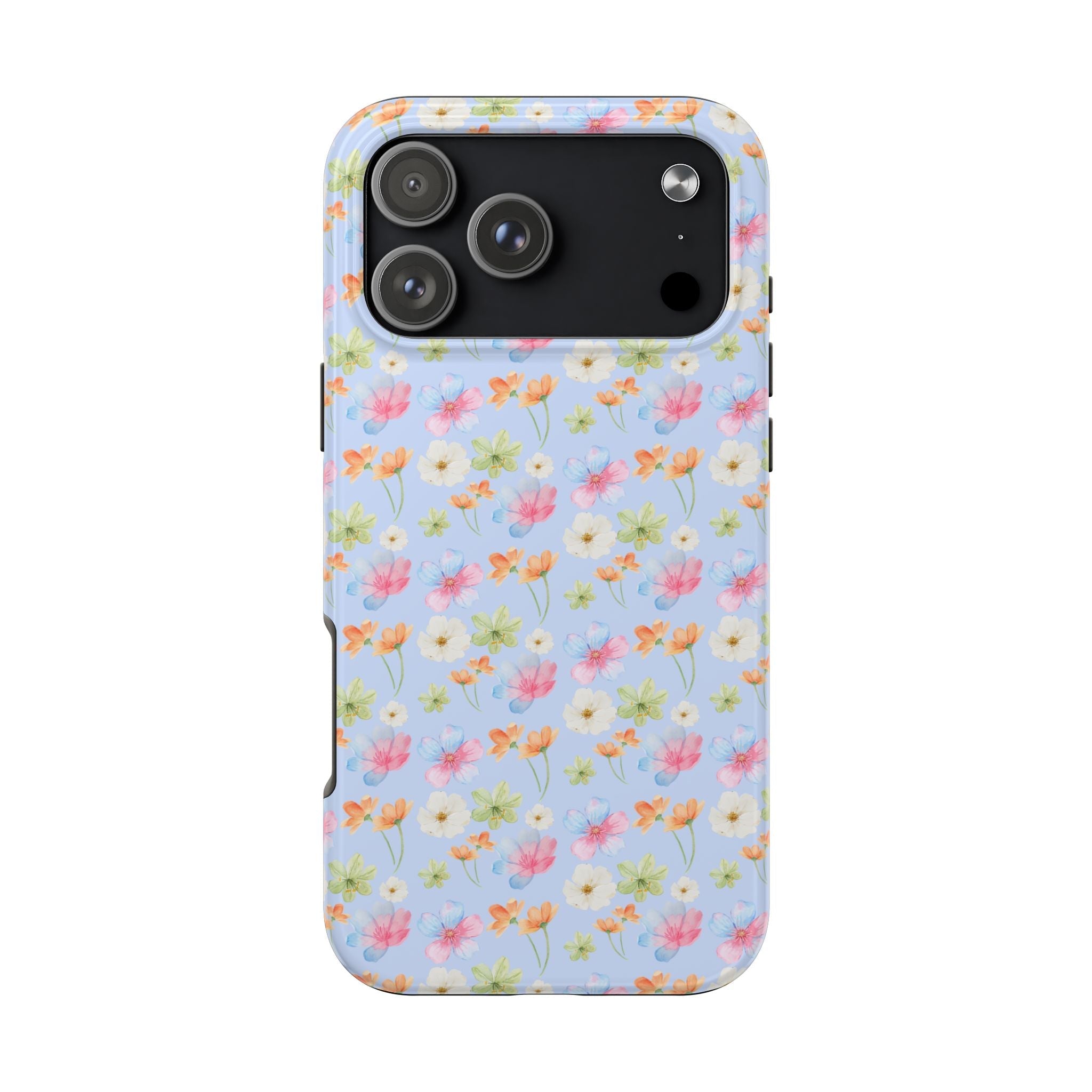 Blue phone case with multicolor floral pattern, raised camera cutouts and side buttons