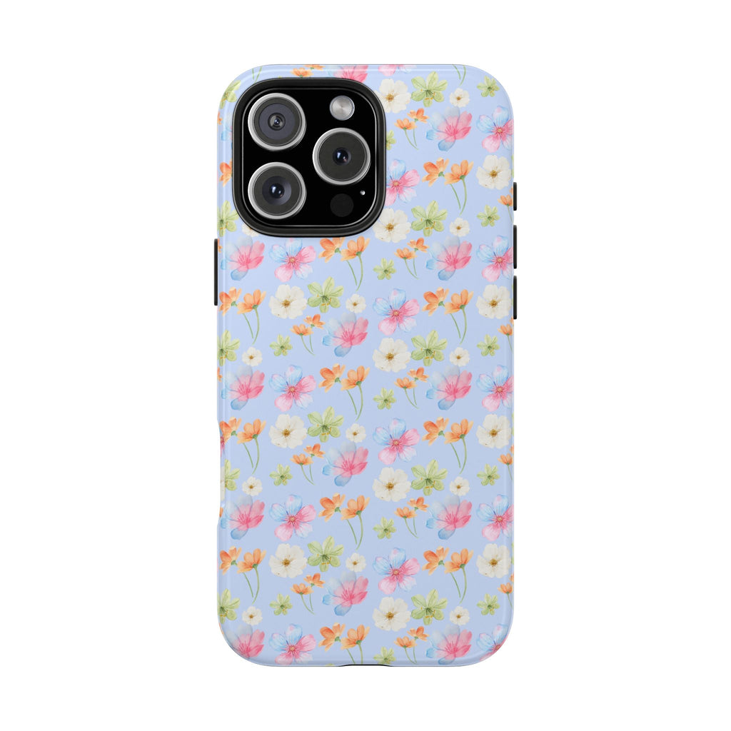Blue floral phone case with multicolor flowers, glossy finish around camera lens openings