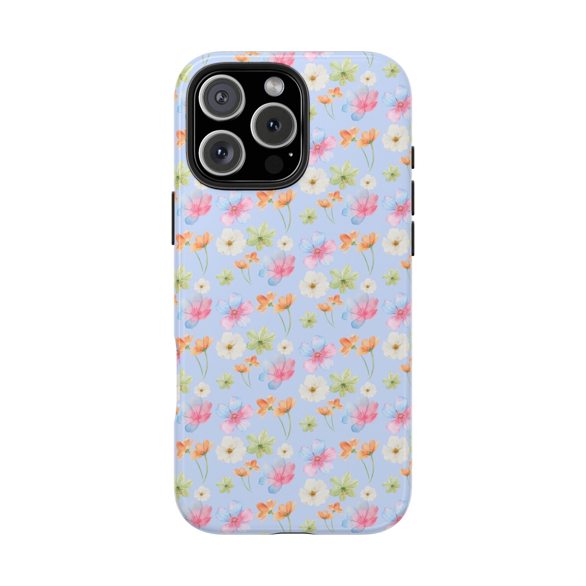 Blue floral phone case with multicolor flowers, glossy finish around camera lens openings