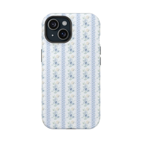 Blue floral striped phone case with camera cutout, vertical blue dotted stripes