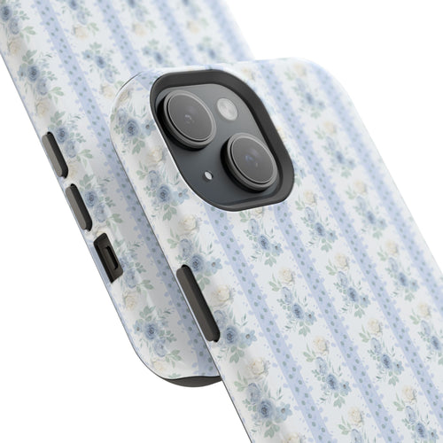 Blue floral striped phone case, angled view showing side buttons and camera module