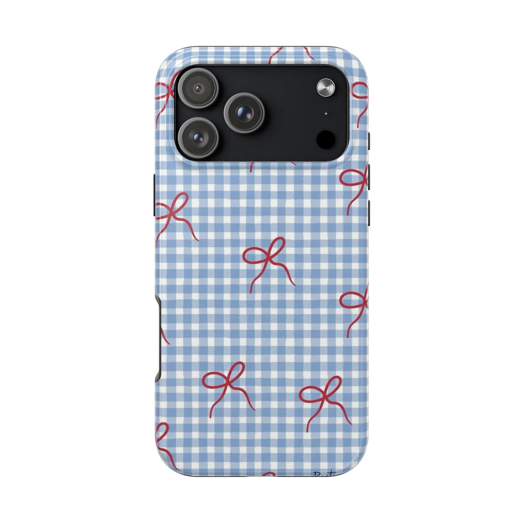Light blue gingham phone case with red bow pattern and camera cutout