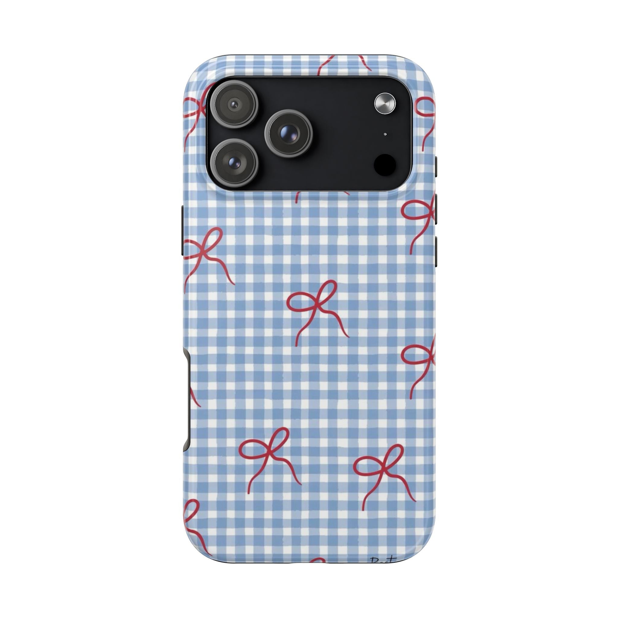 Light blue gingham phone case with red bow pattern and camera cutout