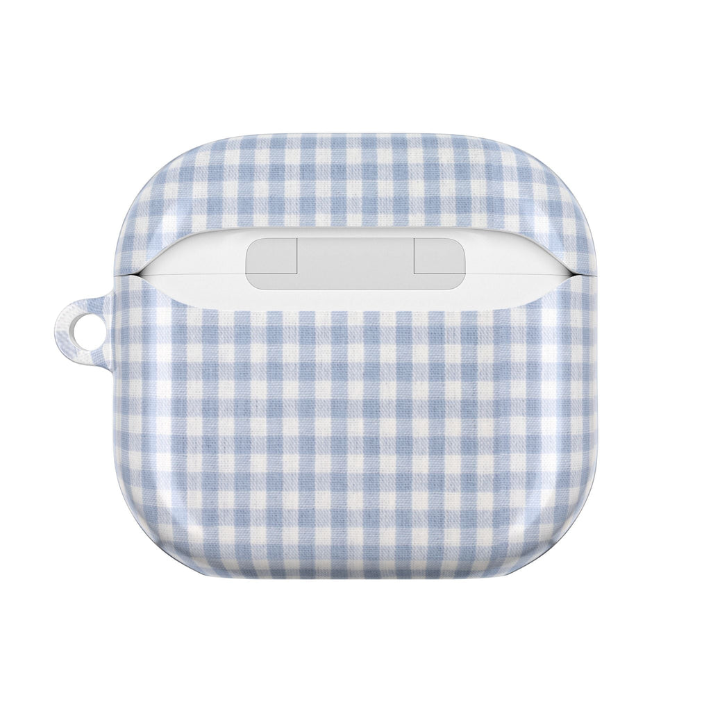 Blue gingham AirPods case, front view with small loop attachment
