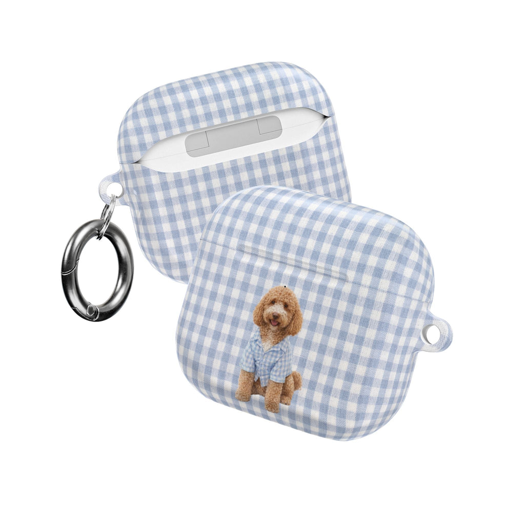 Blue gingham AirPods case with dog applique, keyring and separate earbud cover