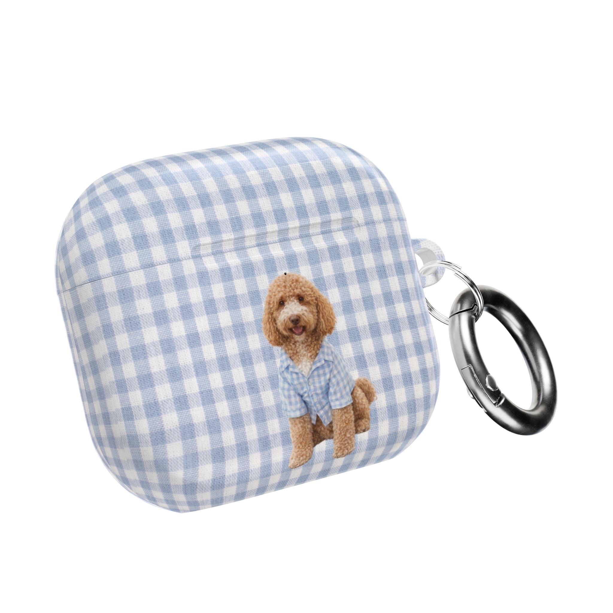 Blue gingham AirPods case with dog applique and metal keyring, closed