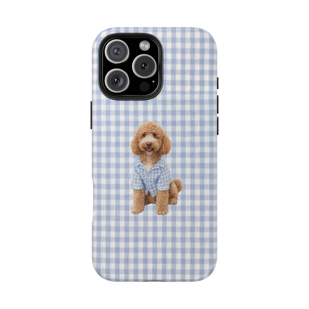 Blue gingham phone case, labradoodle in blue outfit, camera cutout on back