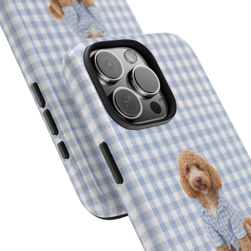 Blue gingham phone case angled view, labradoodle detail, side button cutouts