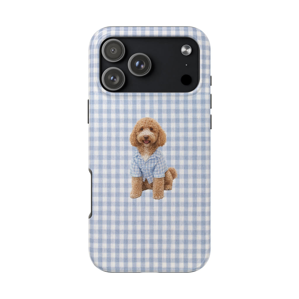 Blue gingham phone case with labradoodle graphic, camera cutout and silver lens