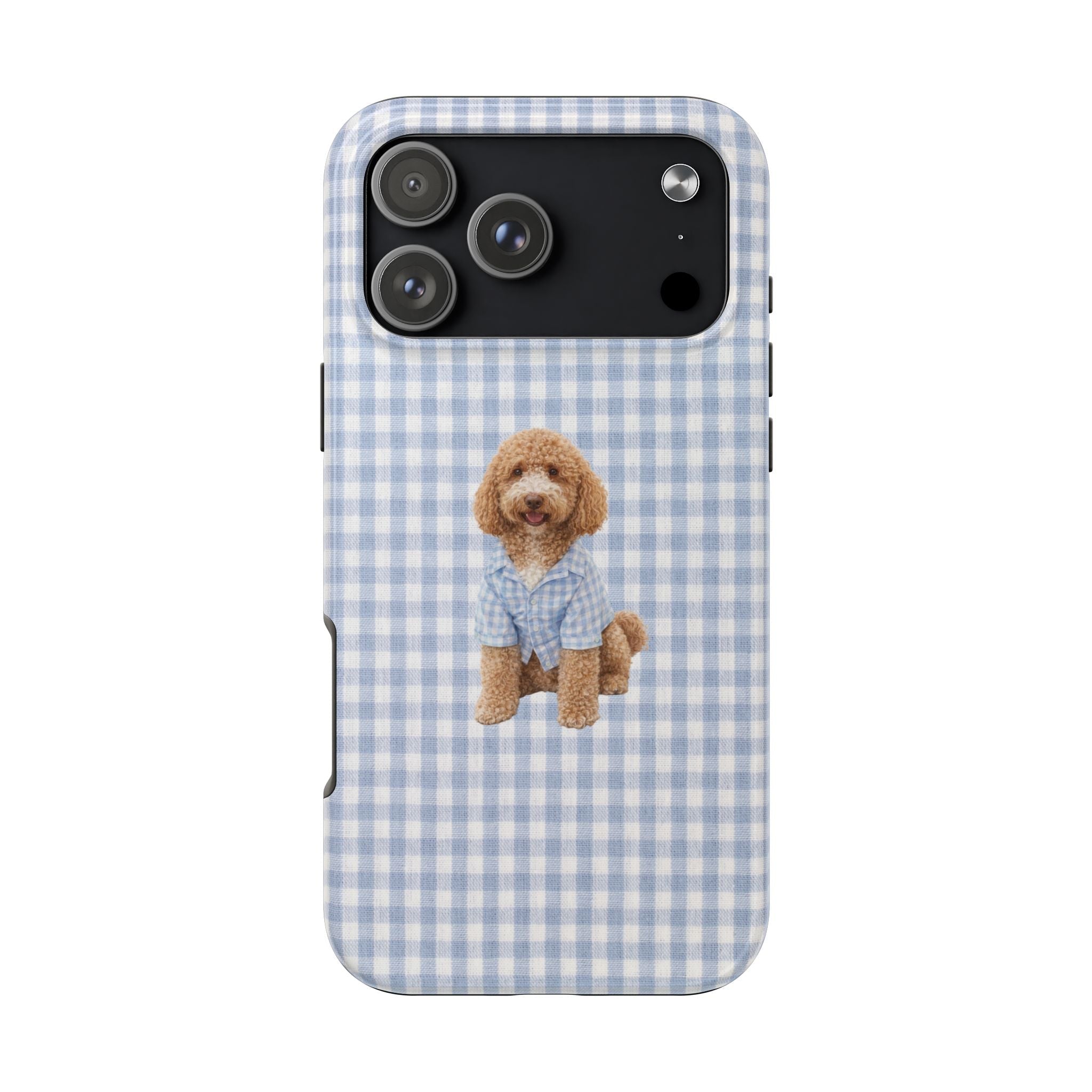 Blue gingham phone case with labradoodle graphic, camera cutout and silver lens