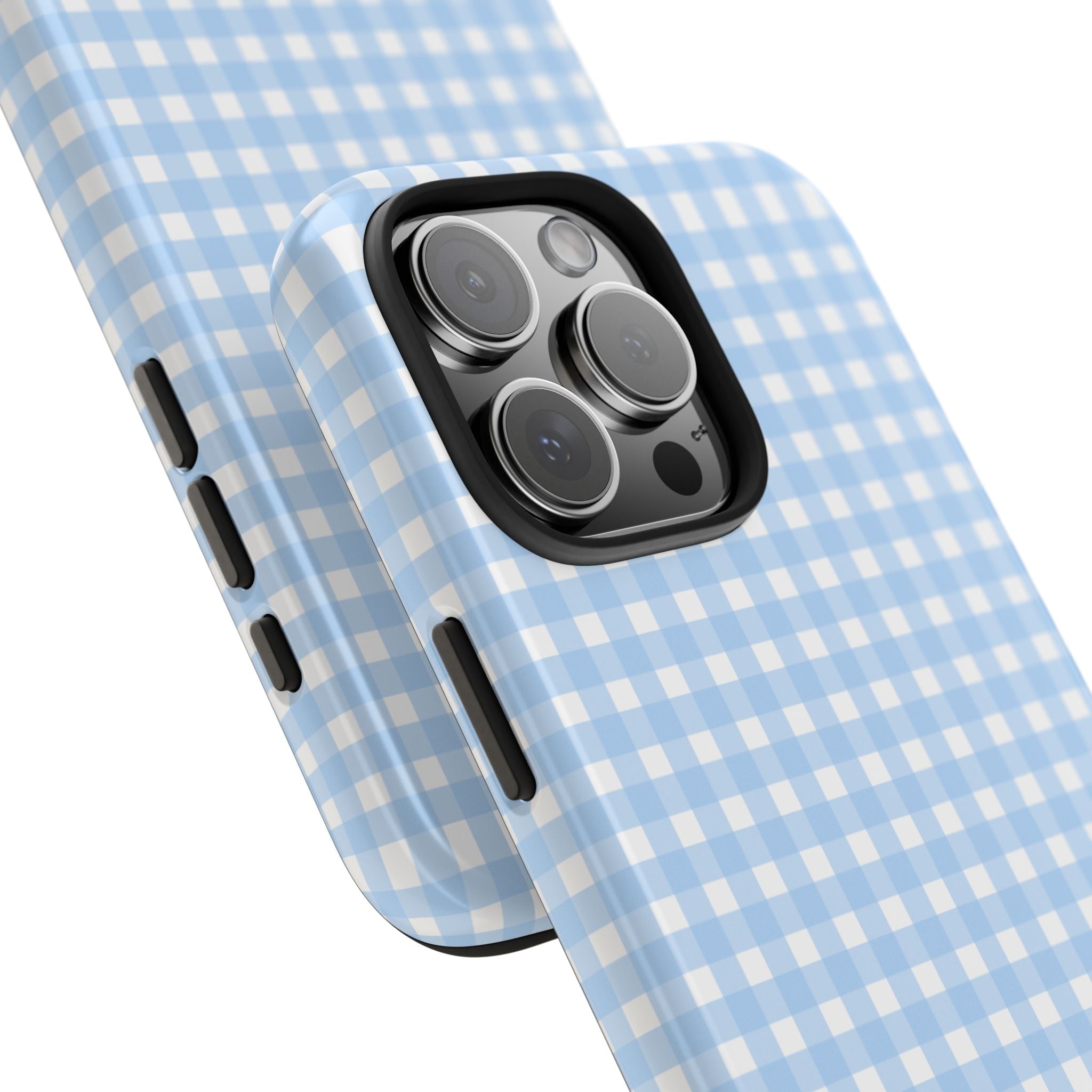 Blue gingham phone case, angled view with side button cutouts and camera lens openings