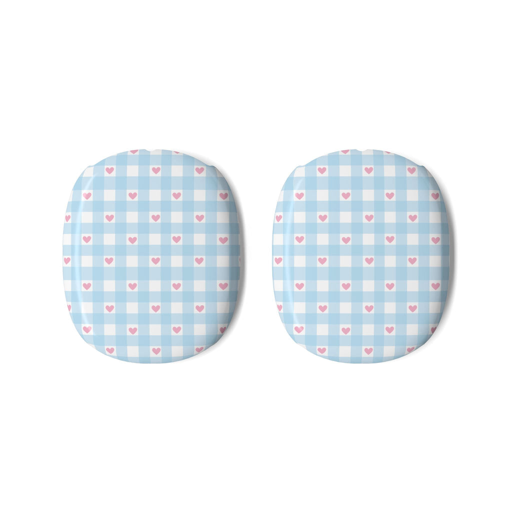 Pair of AirPods Max ear cup covers, blue gingham with pink heart print