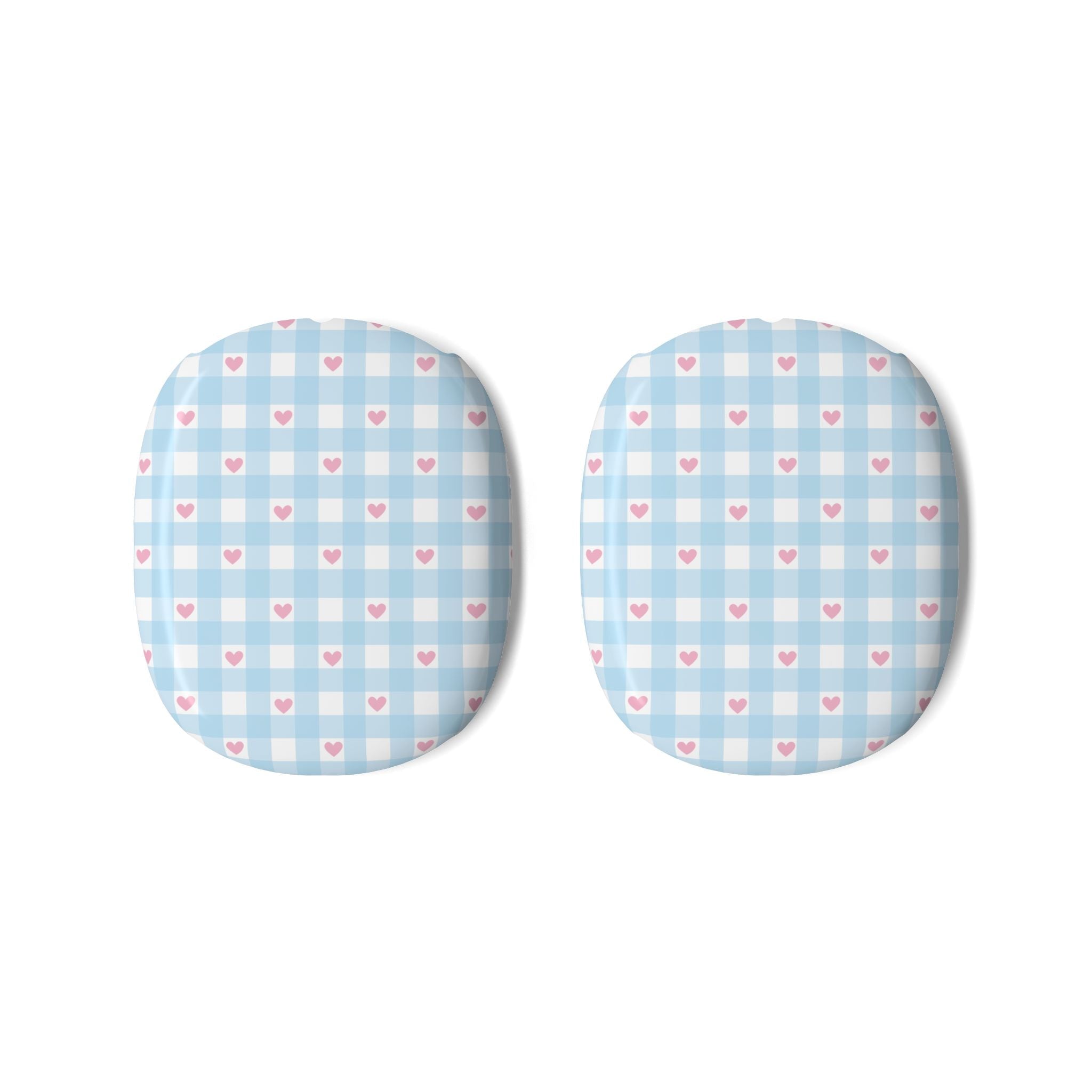 Pair of AirPods Max ear cup covers, blue gingham with pink heart print